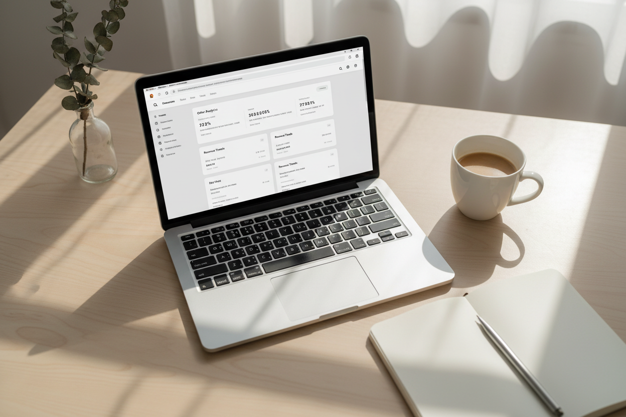 A light, neutral desk scene: open laptop showing a Shopify dashboard or a minimal site layout, notebook, coffee, soft light.

Think: calm productivity, design simplicity, competence.